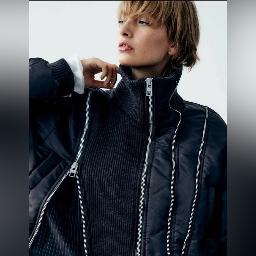 Zara Navy Pinstripe Bomber Jacket W/ Multiple Silver Zippers.  Size XS.  NWOT. - Picture 7 of 13